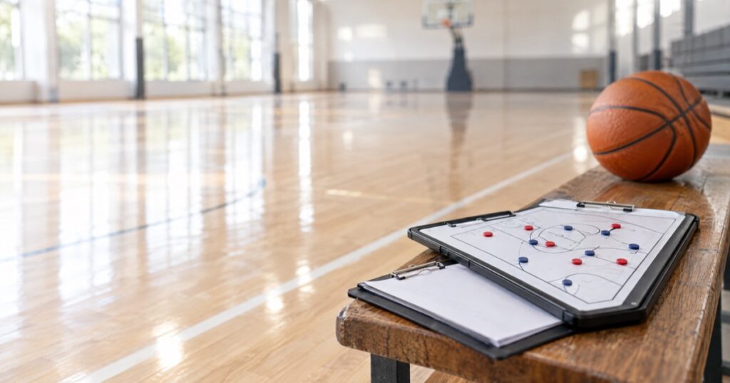 A coach's magnetic tactics board and clipboard on a bench beside an empty indoor basketball court