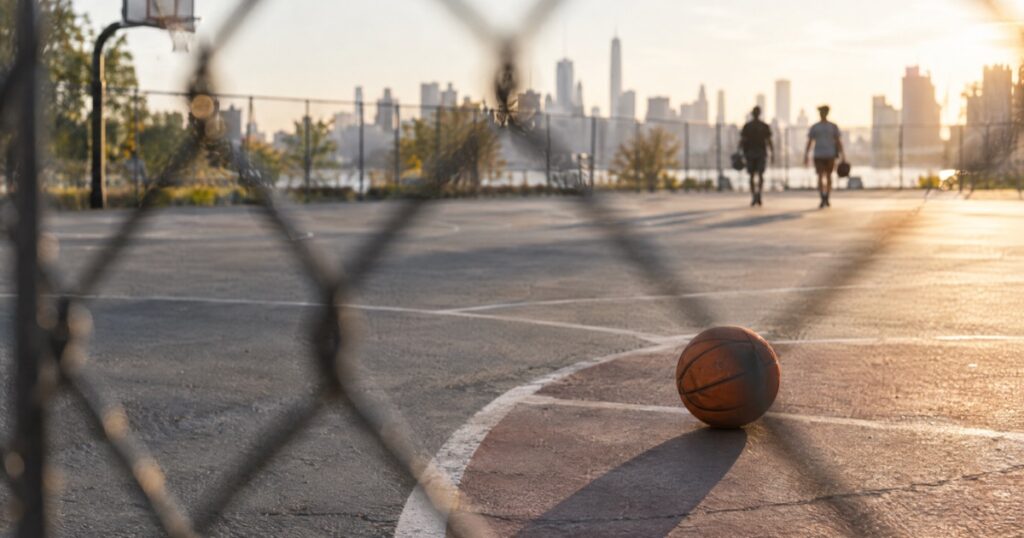 An outdoor city basketball court at sunset seen through a chain-link fence, a ball resting on the key