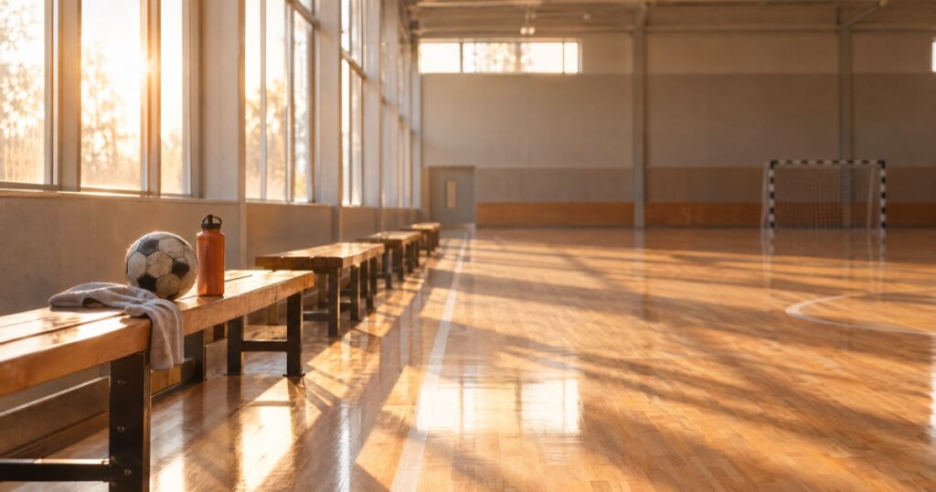 An empty indoor training hall with low evening sun across the floor, a football and water bottle left on a bench