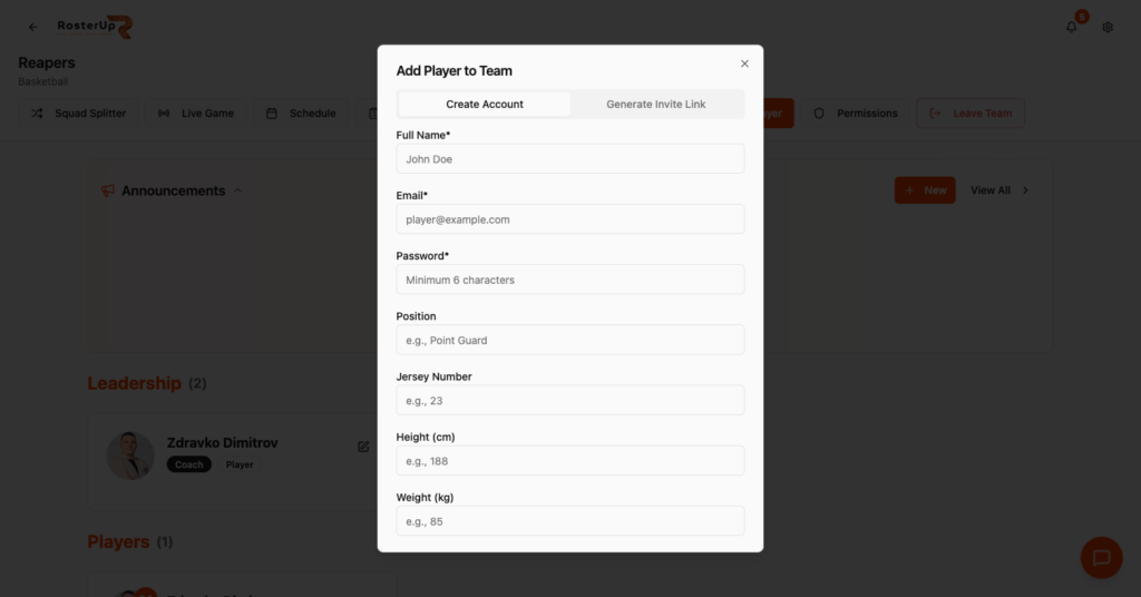 RosterUp Add Player dialog creating a player account with squad details
