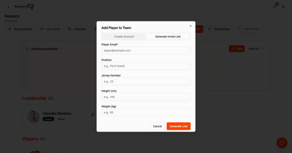 RosterUp invite link form for adding a player by email