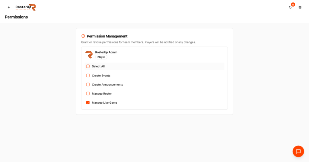 RosterUp permissions screen granting event and announcement rights to a player