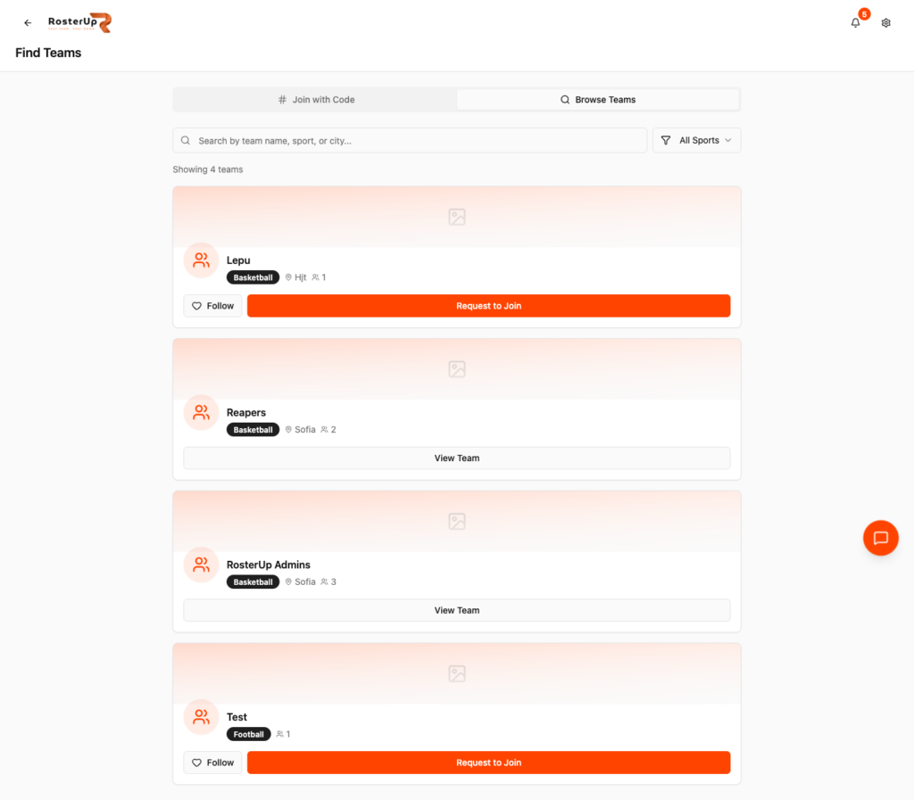 RosterUp browse teams directory with follow and join request buttons