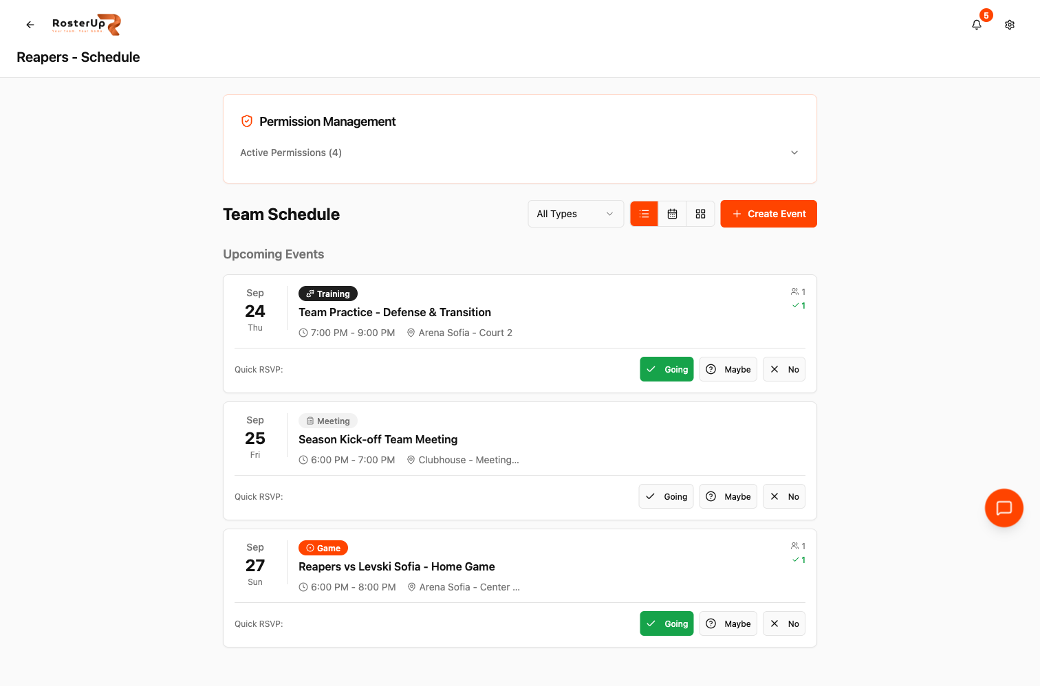 RosterUp team schedule showing training, meeting and game events with RSVP buttons