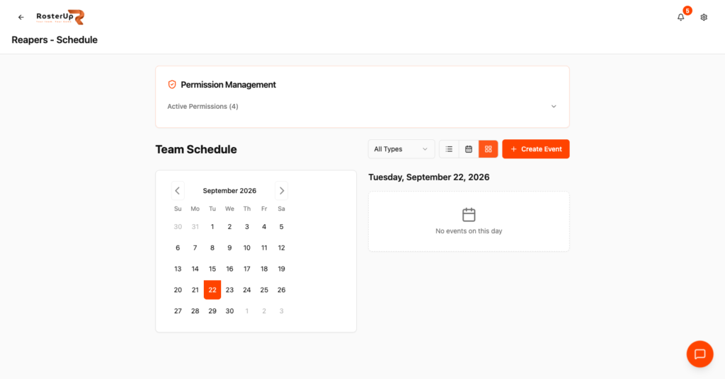 RosterUp schedule month view with calendar grid and day panel