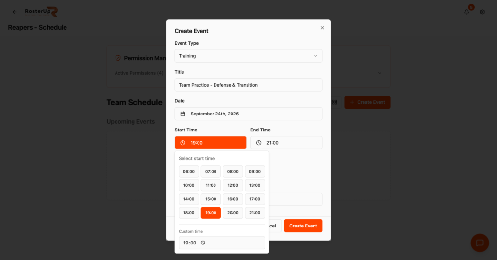 RosterUp create event form with quick duration buttons and repeat weekly