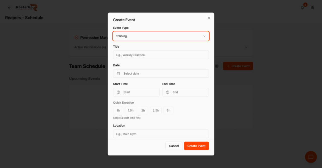 RosterUp create event dialog for a sports team