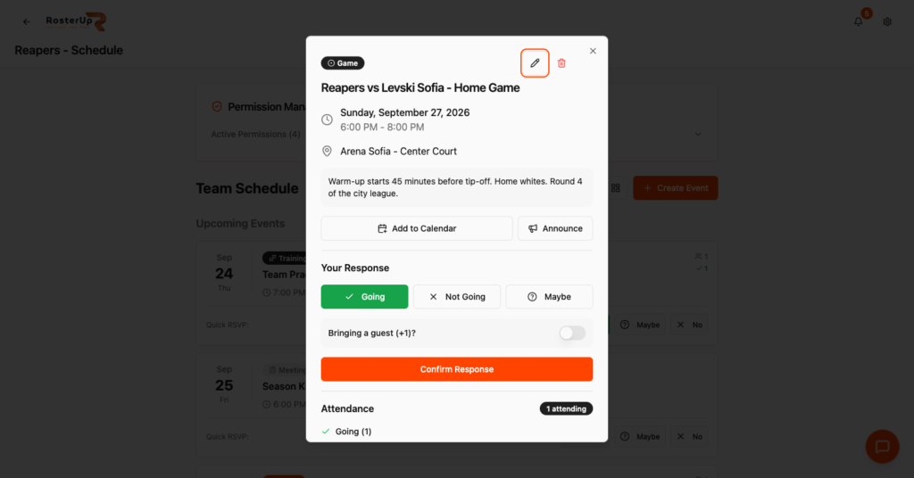 RosterUp event details with RSVP options, guest option and attendance list