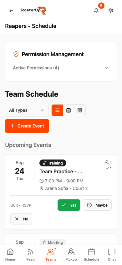 RosterUp mobile schedule with large Yes Maybe No RSVP buttons
