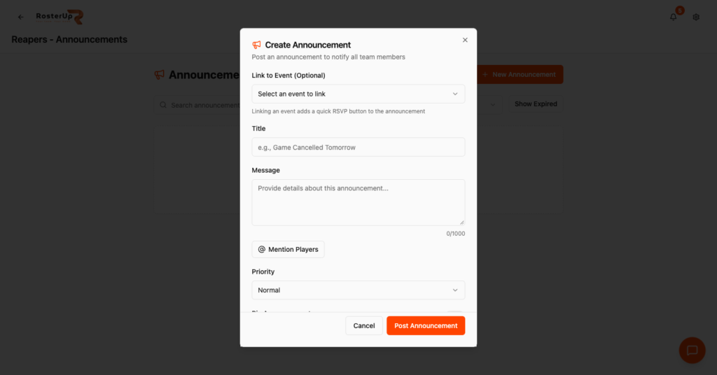 RosterUp create announcement dialog with priority, pin and expiry options