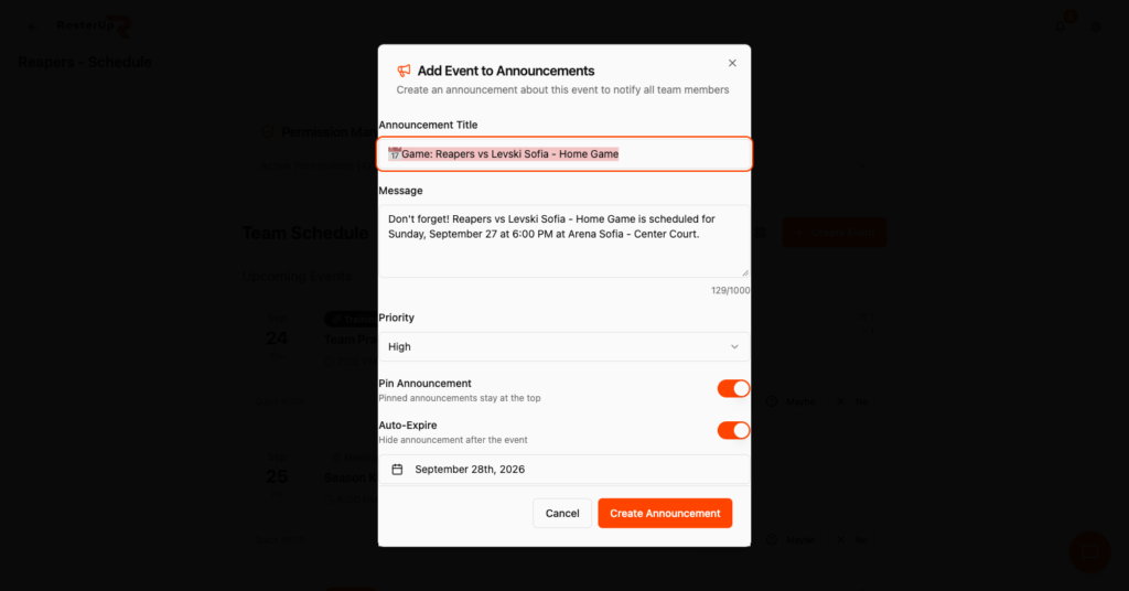 RosterUp generating a game day announcement automatically from a scheduled event