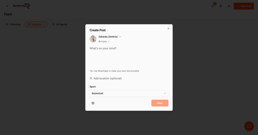 RosterUp create post dialog with sport selector and hashtag tip