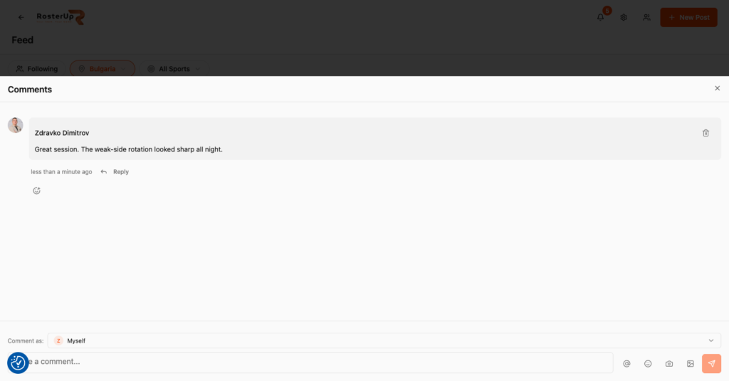 RosterUp comment box with option to comment as yourself or as your team