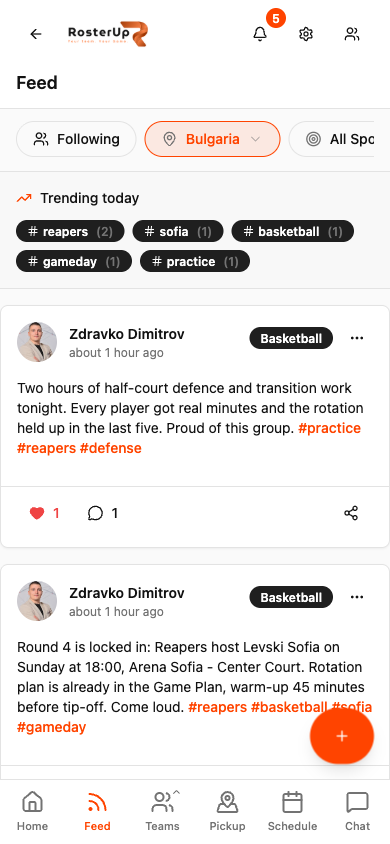 RosterUp sports feed on a smartphone