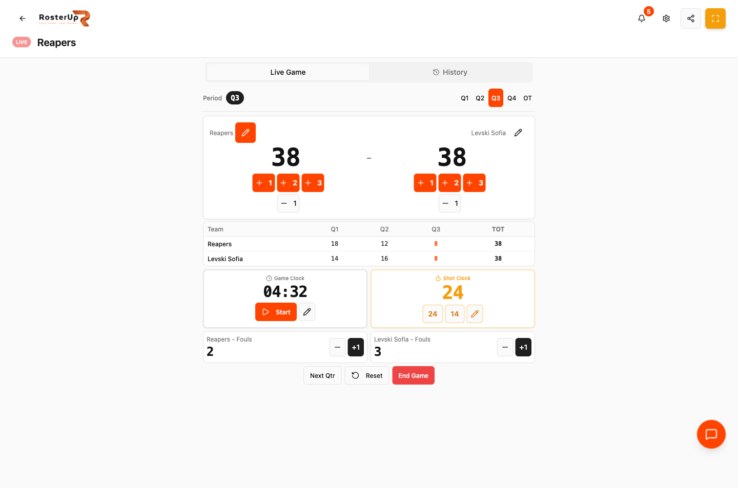 RosterUp basketball scoreboard with game clock, shot clock, fouls and box score