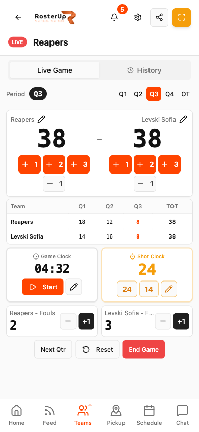 RosterUp scoreboard running on a phone at courtside