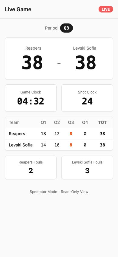 RosterUp live score on a parent's phone after scanning the QR code