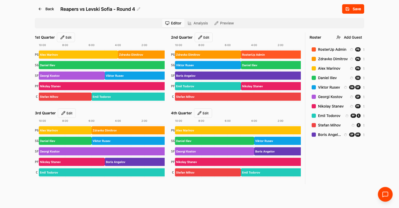 RosterUp basketball rotation planner with four colour-coded quarters