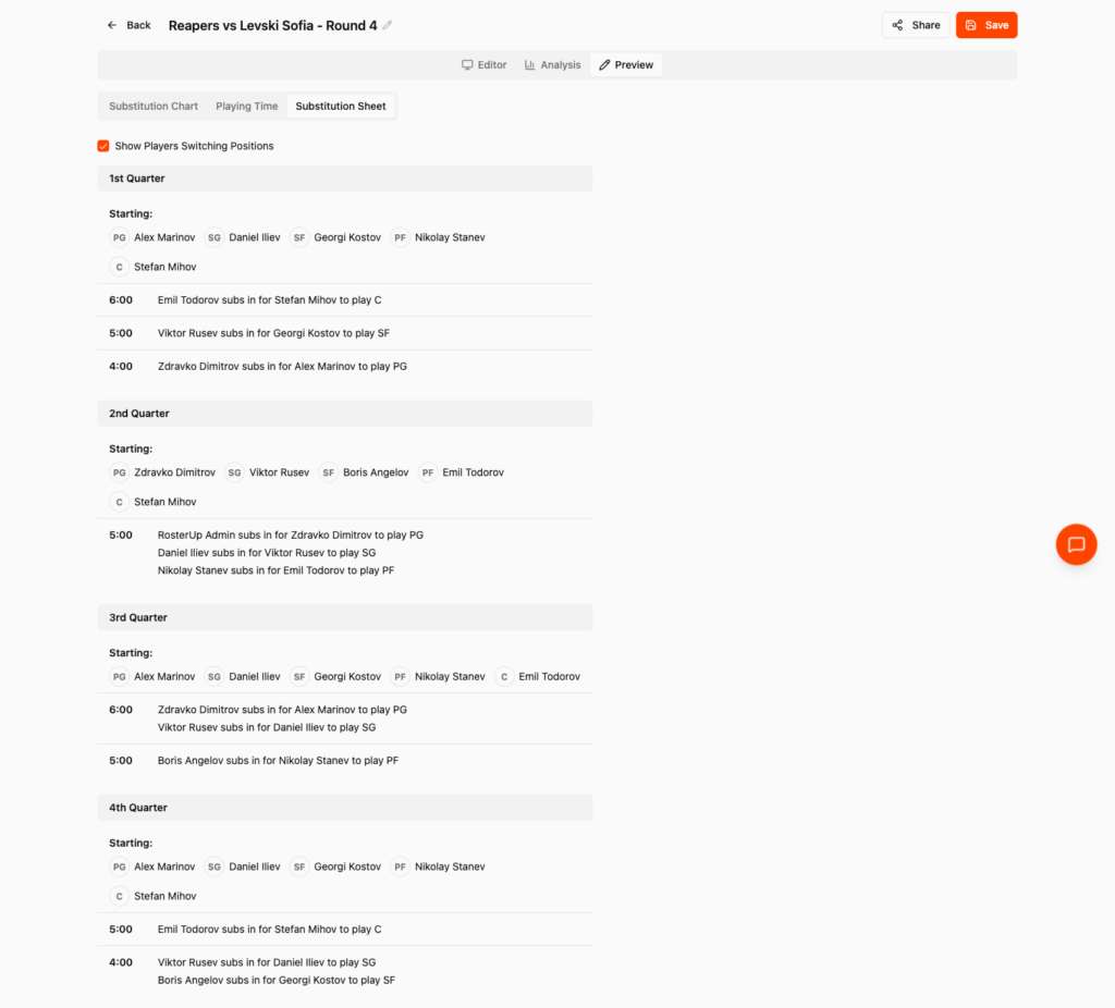 RosterUp substitution sheet listing every change with its clock time