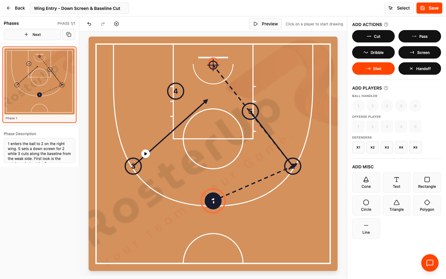 RosterUp tactical board with a basketball play drawn on a half court