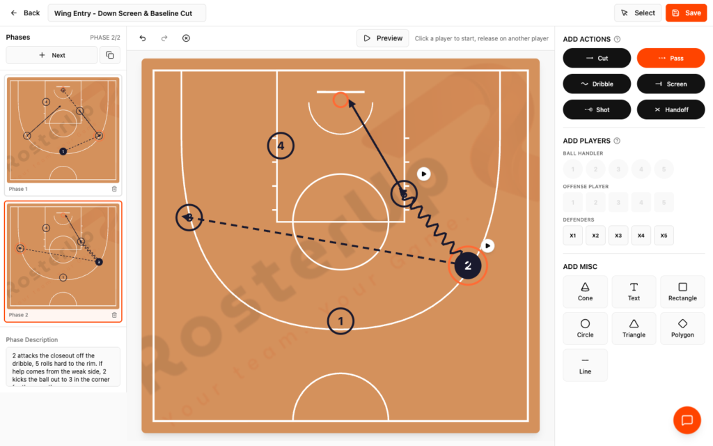 Second phase of a RosterUp basketball play with dribble and kick-out pass