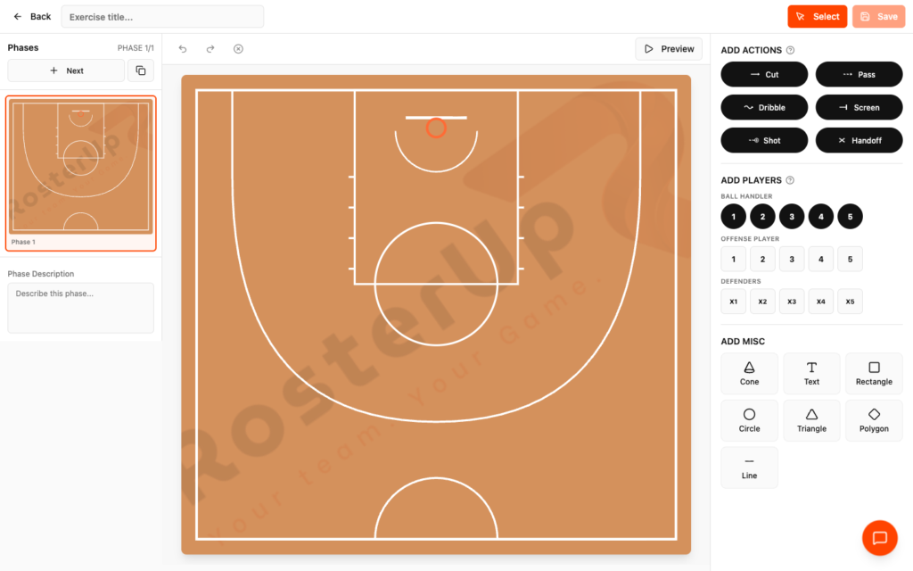 RosterUp blank basketball tactical board with drawing tools