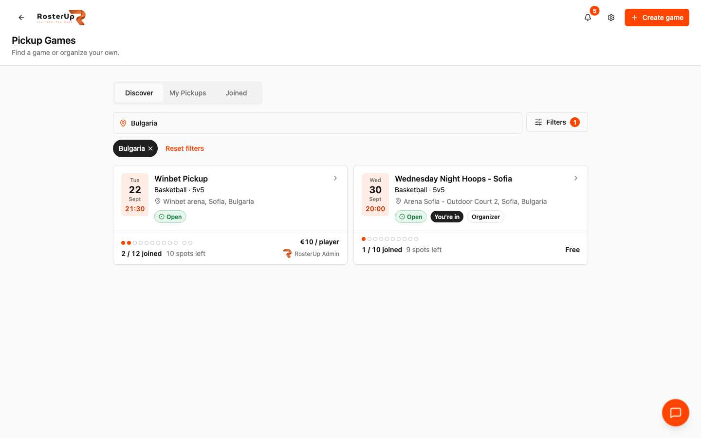 RosterUp pickup games discover list filtered by country