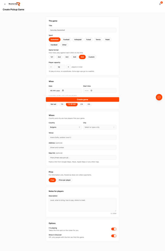 RosterUp create pickup game form with sport, format, capacity and visibility options