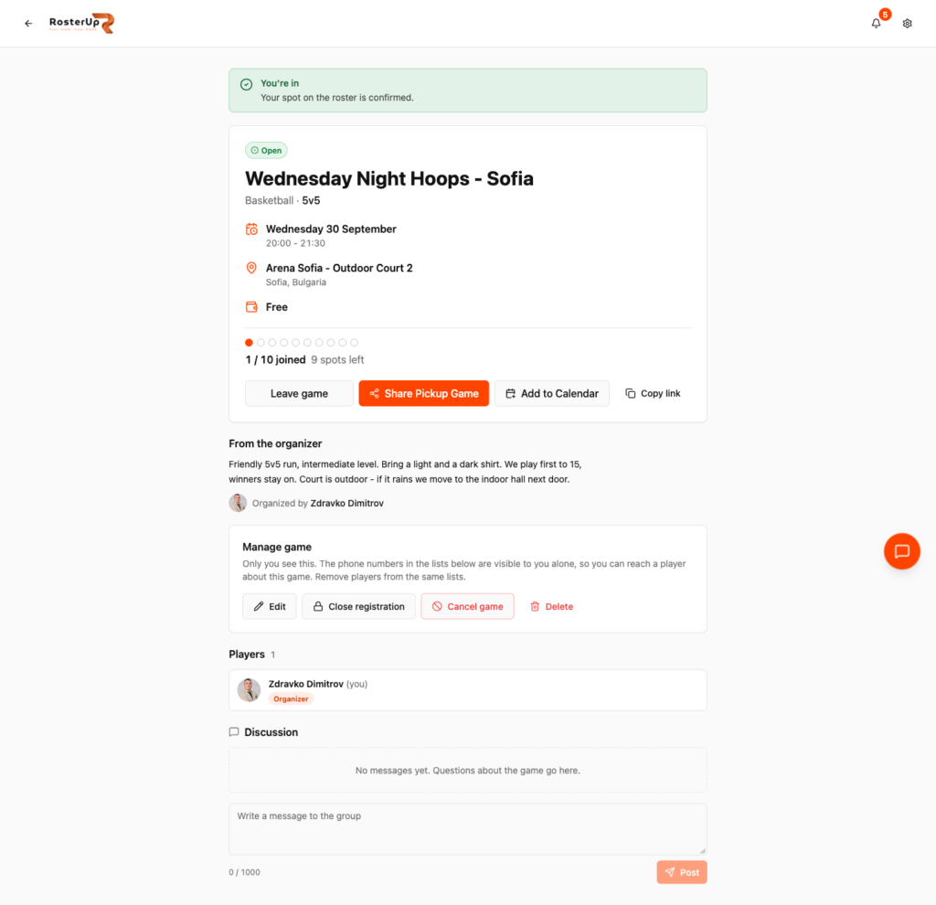 RosterUp pickup game page with capacity, player list and organiser controls