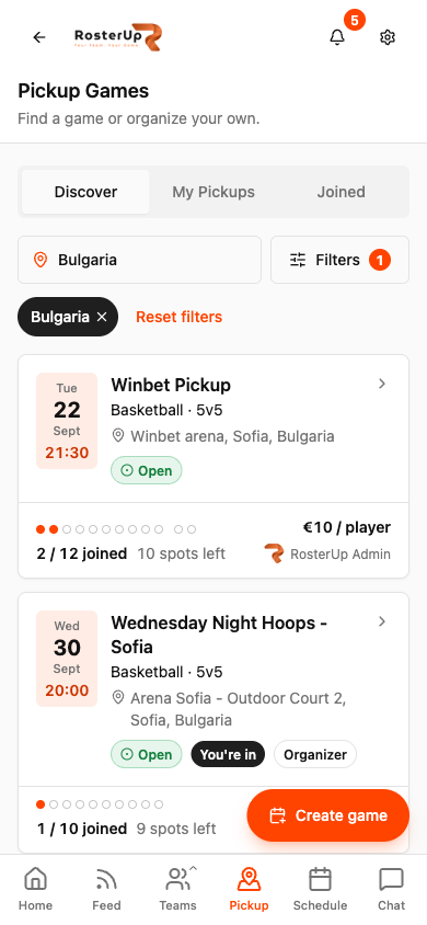 RosterUp pickup games list on a phone