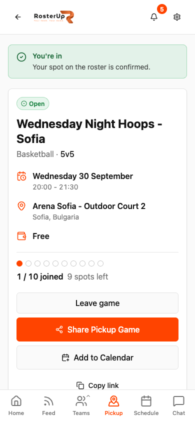 RosterUp pickup game page opened from a shared link on a phone