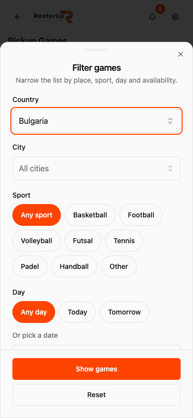 RosterUp pickup game filters in a mobile bottom sheet
