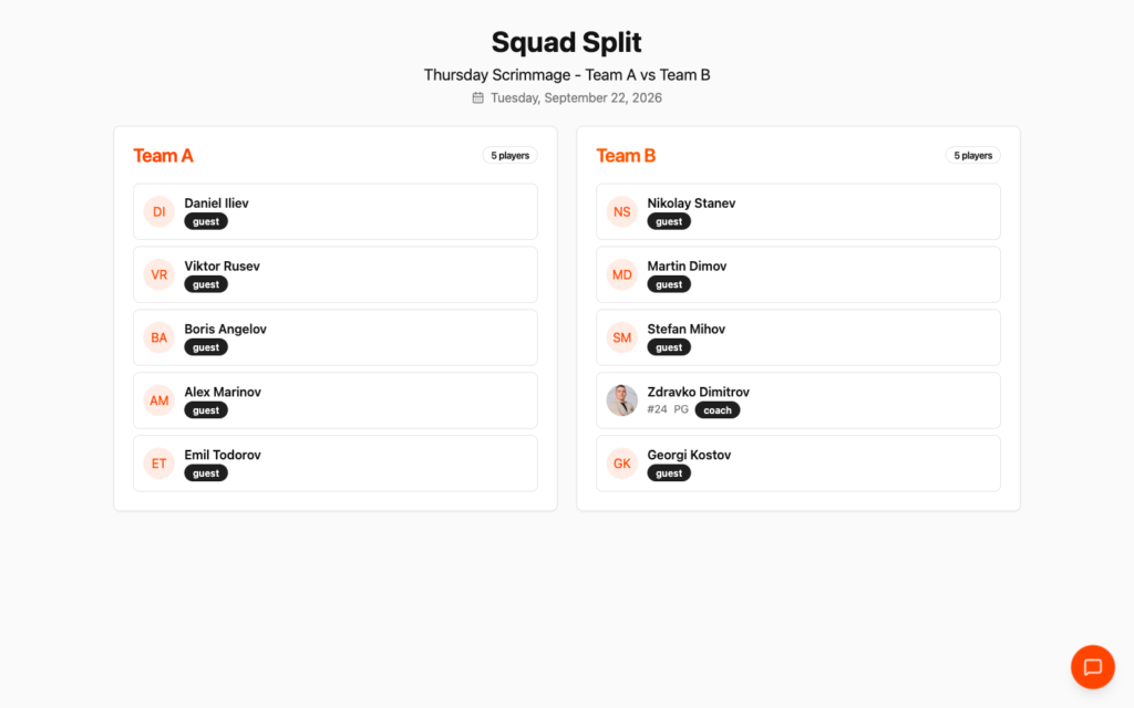 RosterUp squad split shared as a public page