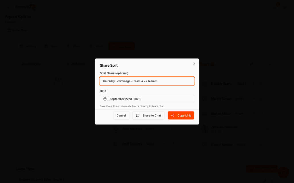 RosterUp share dialog with share to chat and copy link options