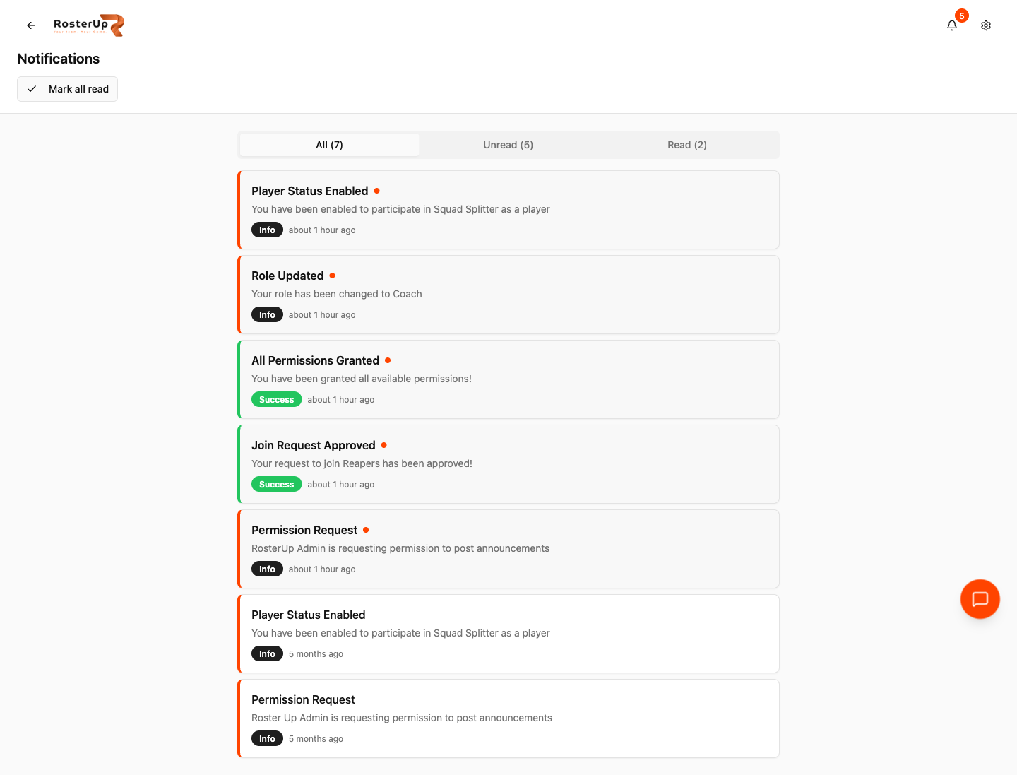 RosterUp notification history with unread filters and typed notifications