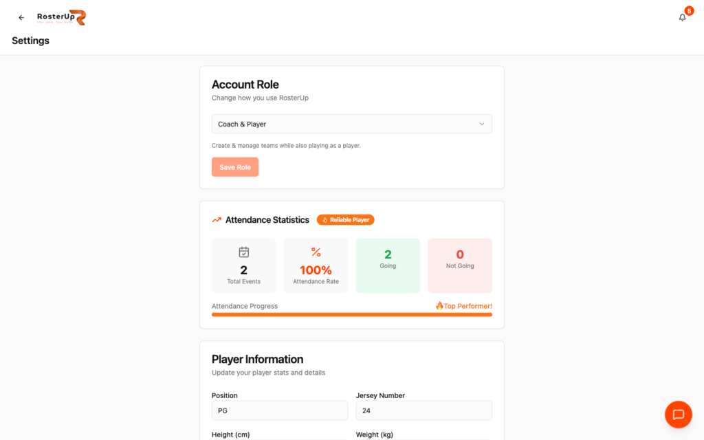 RosterUp attendance statistics showing attendance rate and Reliable Player badge