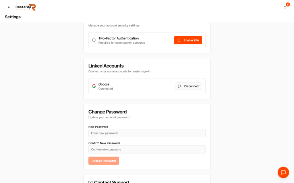 RosterUp security settings with two-factor authentication and support form