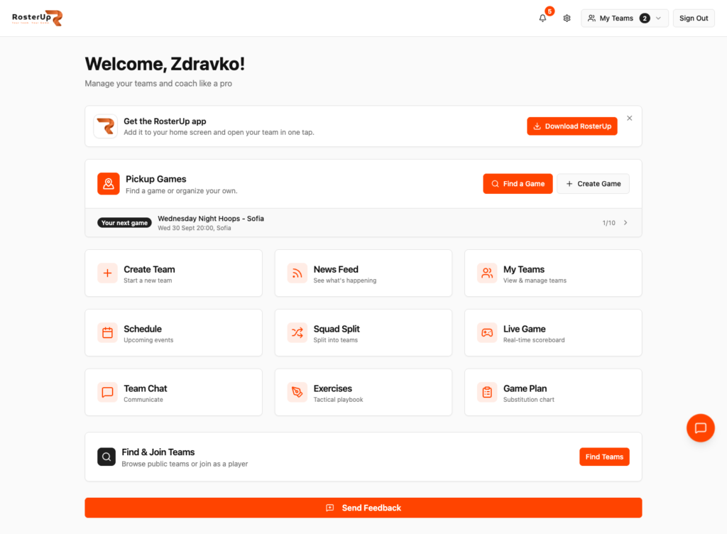 RosterUp dashboard with quick access tiles for every feature