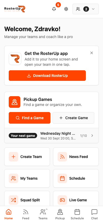 RosterUp mobile app home screen with six-tab bottom navigation