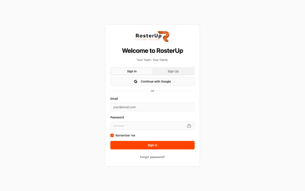 RosterUp sign in screen with Google and email options